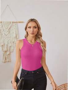 QUEENTI Women's Summer Round Neck Tank Top Stretch Camisole - 玫紅色 - 查看 4