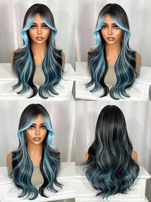 24 Inch Black Wig With Blue Highlights - Big Loose Waves Middle Part Long Curly Hair - Heat Resistant Synthetic Fiber On Rose Net Cap - Edgy Two-Tone Black & Blue For Cosplay & Daily - Blue Highlight - View 7
