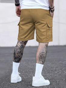 Hidkat [Primavera/Verano] Pantalones cortos tipo cargo de unicolor para hombre con múltiples bolsillos, pantalones cortos casuales con cordón para verano