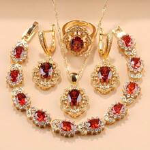 Bộ trang sức cưới cao cấp mạ vàng 18K đính đá Cubic Zirconia nhiều màu sắc, sang trọng, dành cho nữ, gồm dây chuyền, mặt dây chuyền, bông tai, vòng tay và nhẫn, quà tặng lý tưởng. - Đỏ - Xem 11