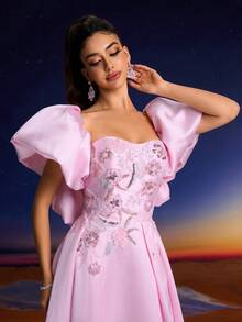 Anymoon Elegant Women's High Waist Formal Evening Gown With Bust Lace Sequins Floral Decor Suitable For Formal Dances, Parties And Wedding Even,Party Dress,Wedding Guest - Pink - View 10