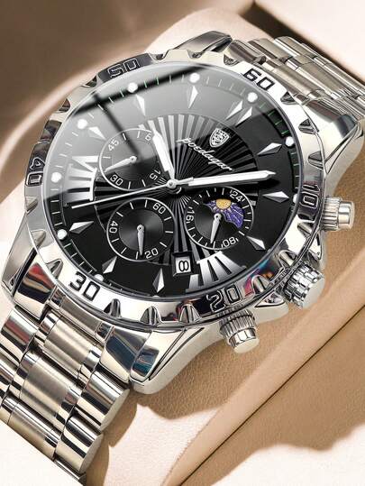 Orologio al quarzo da uomo in acciaio inossidabile alla moda, funzione calendario, resistente all'acqua 30m, cronografo con sotto-quadrante, adatto come regalo per compleanni/festività, indicato per uso casual quotidiano