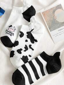 5/10 Pairs (Random Style) Spring/Summer Black & White Cartoon Cow Ear Boat Socks, Cute Japanese Style Short Socks For Women - Black and White - View 10
