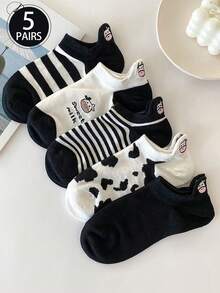 5/10 Pairs (Random Style) Spring/Summer Black & White Cartoon Cow Ear Boat Socks, Cute Japanese Style Short Socks For Women - Black and White - View 12