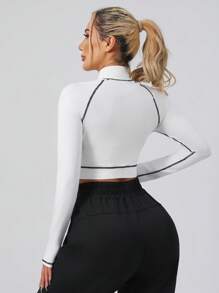 Women Colorblock Splice Sporty Jacket, Short Fitted Elastic Zip-Up Track Jacket For Running, Fitness, Yoga