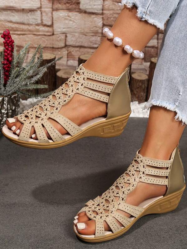 Slope Heel Sandals, Soft Leather, Bohemian Style, Roman Sandals, Fashionable Casual, Versatile, Hollow Out, Fashionable Women's Shoes, Back Zipper, Suitable For Vacation Wear