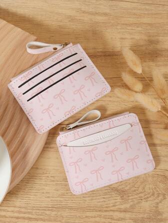 Pink Bow Love Pattern Zipper Small Wallet Coin Pocket Small Purse Bifold Slim Women Wallet MiniThin,Lightweight,Multi Layer Portable,ID Card,Money Credit Card Minimalist,Fashion,Modern,Business,For Anniversary,For Birthday Gift,For Gift,For Girls,For Lady,For Female,Bag School Supplies For School Dorm Room & Back To School