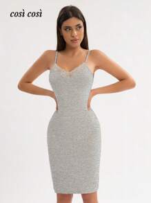 1 pezzo Abito midi da donna con spalline sottili, per primavera/estate, morbido, minimalista, maturo, elegante, con inserti in pizzo, adatto per vacanze