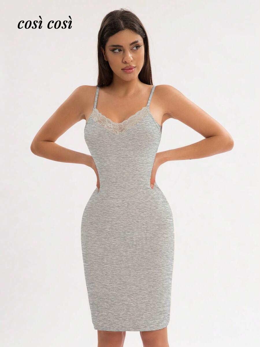 1 pezzo Abito midi da donna con spalline sottili, per primavera/estate, morbido, minimalista, maturo, elegante, con inserti in pizzo, adatto per vacanze