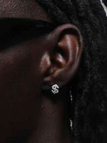 2pcs Cubic Zirconia & Copper Dollar Sign Stud Earrings, Simple Hip Hop Style For Men, Suitable For Daily Wear