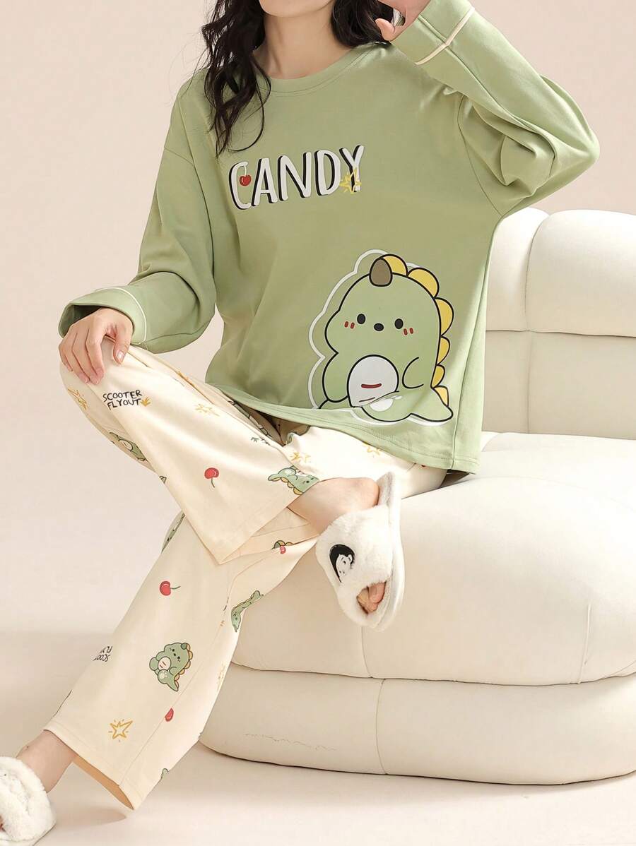 AICJ 2pcs/Set Women Casual Dinosaur Print Long Sleeve Top And Pants Pajama Set, Spring/Summer/Autumn Home Wear Outfit