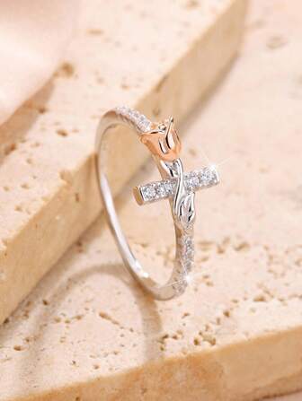 Anillo de plata de ley 925 con flor de rosa y cruz incrustada con diamante, de moda y lujoso, adecuado para uso diario, regalo de cumpleaños