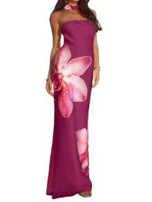 Womens Floral Strapless Dress With Scarf Y2k Backless Sleeveless Tube Maxi Long Dresses Sexy Mesh Bodycon Summer Beachwear - F;oral Purple - 查看 1