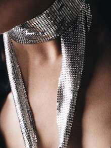 1pc Metallic Mesh Shiny Sequin Iridescent Scarf Tie, Club Party Accessory - Silver - View 4