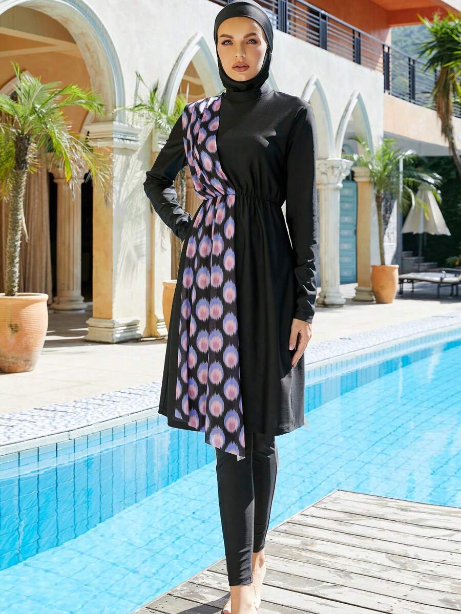 VFJ 三件套穆斯林女士泳装，伊斯兰保守泳装套装，含全包头巾、长袖上衣、连衣裙和裤子。