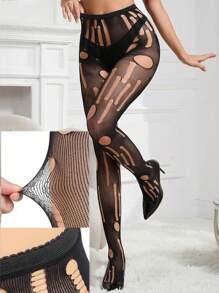 1 Paio di Autoreggenti in rete sexy per donna taglia curvy, collant a vita alta strappati, neri, taglia unica