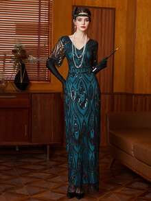 性感复古舞会长款晚礼服女加大码派对服 World Apparel 婚礼串珠伴娘礼服女士绿色派对服