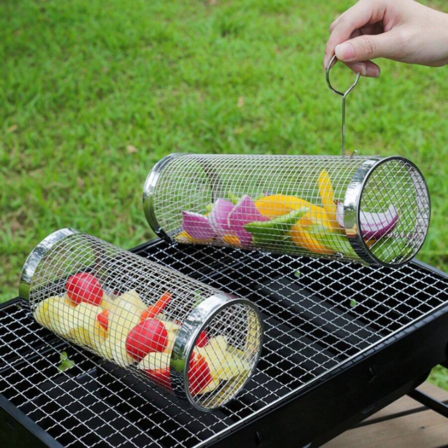 2pcs Barbecue Basket Round Barbecue Cage, Outdoor BBQ Smoker Drum Portable Rotary Barbecue Net