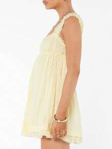 Women Summer Sleeveless Dress Floral Embroidery Loose Party A-Line Dress For Beach Club Streetwear - 黃色 - 查看 4