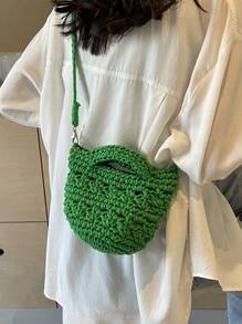 Bolso de playa de ganchillo de verano para mujer, bolso de playa pequeño, ligero, minibolso de hombro, bandolera, estilo preppy, bolso de cubo de hombro de mujer de algodón tejido hueco, bolso bandolera con estilo, para playa, vacaciones, verano, playa, vacaciones, bolsa de viaje