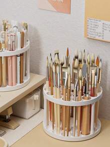 1pc 360° Rotating Brush Holder - Plastic Insertion Type Organizer, Lacquer Coated Surface, Detachable, For Storing Art Brushes, Pens, Makeup Tools - Space-Saving White Office Desk Accessory