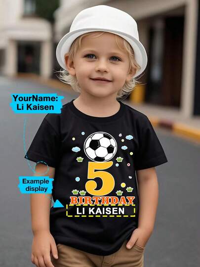 1-8 BIRTHDAY Soccer Party Personalized Name Custom Happy Birthday Party Print T-Shirt, Summer Boys Sports Tee, Kids Casual Wear, Teenager Clothes, Racing Hot Print Elements