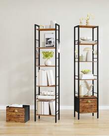 HEXCELEN Bookshelf, 6-Tier Vertical Bookcase With 1 Drawer, Open Shelf, Industrial Style, Metal Frame, Suitable For Study, Living Room, Bedroom, Kitchen, Brown - Rust Brown - View 4