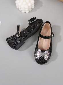 Girls Shiny Sequin Bow Party & Wedding Dance Flat Shoes - 黑色 - 查看 5