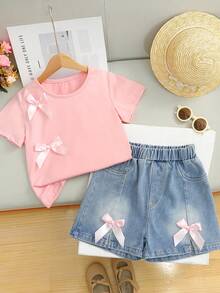 2 pezzi/set Shorts in denim con fiocco, manica corta, dolci e carini, comodi, con spacchi laterali, per l'estate