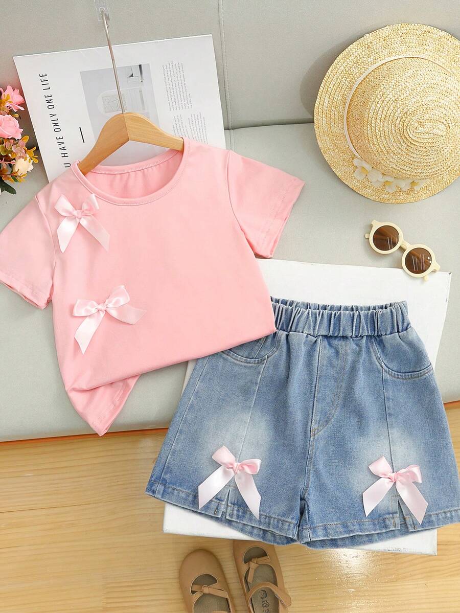 2 pezzi/set Shorts in denim con fiocco, manica corta, dolci e carini, comodi, con spacchi laterali, per l'estate