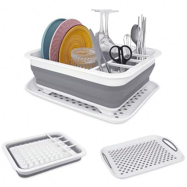 Égouttoir pliable avec plateau d'égouttage pour le séchage de la vaisselle - Conception pliable et gain de place avec plateau/panier de rangement pour la vaisselle - Parfait pour l'organisation du plan de travail de la cuisine