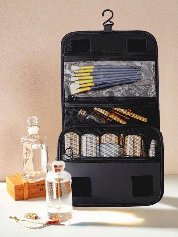 1pc Waterproof Travel Cosmetic Bag With Hook, Portable Toiletry Bag, Large Capacity Storage Organizer, Foldable Handbag, For Makeup, Cosmetics, Shaver, Personal Care Items, Suitable For Women, College Dorm, Students, Men, Perfect Gift For Girls With Lipstick, Brushes, Skincare, Phone, Coins, Small Items, Versatile For Home, Gift, Holiday, Halloween, Christmas, Bohemian Style