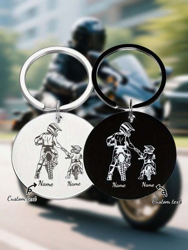 1pc Customized Stainless Steel Motorcycle Pattern Round Tag Keychain, Fashionable Key Chain Accessory, Perfect Father's Day Gift For Fathers And Sons, Sports Style Family Key Chain Jewelry