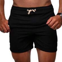 Men's Bermuda Linen With Pocket Preppy Basic Sport Thin Simple Beach Casual-Basic Linen Drawstring Pocket Men's Shorts Summer And Spring - 黑色 - 查看 1