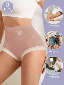 MEIYATING 3 件装高腰收腹女式三角裤，玫瑰印花，舒适贴合，修身塑形