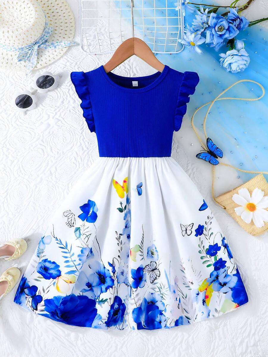 女童优雅盖袖罗纹拼接花卉印花休闲连衣裙，夏季 - 藏蓝色 - 查看 1