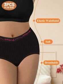MEIYATING 3pcs Plus Size Women's Mid-Rise Briefs, Letter & Vertical Stripe Design - Black - View 5