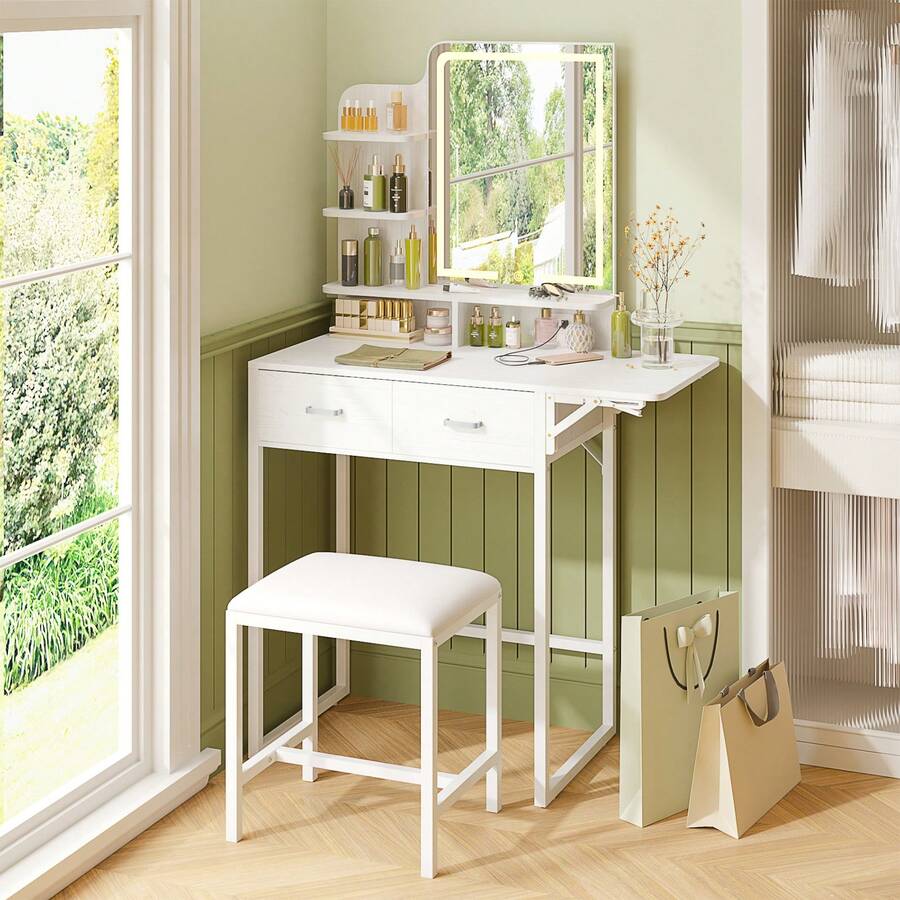 Tomnk Makeup Vanity Desk Set With Mirror LED Lights(Powered By Usb) And Power Outlet Vanity Desk With Soft Dressing Stool, Drawers, Open Organizer, Dressing Table Bedroom, Minimalist Aesthetic Room Decor, Home Decor, Bedroom Furniture, For Christmas Thanksgiving Festival Gift - 查看 1
