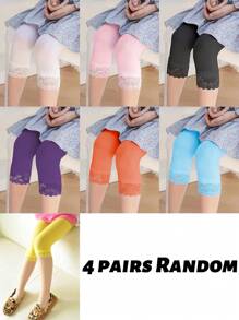 2/3/4/5 Pairs Lace-Trimmed Candy Color Girls 3/4 Leggings & Capri Shorts, Spring/Summer
