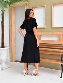 Women's Set Midi Skirt Front Slit Marked Waist Belt Bow Short Sleeve Blouse Elegant Evangelical Fashion - 黑色 - 查看 2