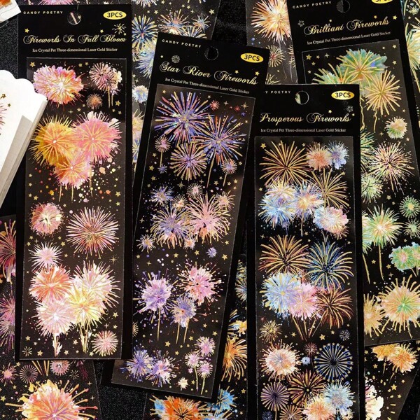 Pegatinas de fuegos artificiales de dibujos animados, material de PET, pegatinas de estilo Ins Aesthetic para decoración de paisajes, útiles escolares, de vuelta a la escuela