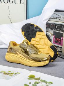 Shiny Gold Wedge Heel Platform Shoes, Casual Comfy Sneakers, Suitable For Party, Date, Daily Wear, Sports, Work, Gift - Gold - View 5