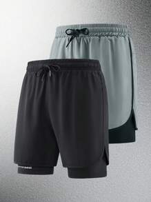 2pcs/Set Men's Casual Sports Fitness Shorts, Faux 2-In-1 Design With Towel Rack On Back. The Fabric Keeps You Cool And Comfortable, Not Stuffy. These Shorts Are Perfect For Hiking, Climbing, Outdoor Cycling, Running And Fitness Workouts.