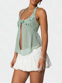 Women Y2K Halter Top Summer Sequin Beaded Crop Tank Tops Sheer Mesh Split Hem Tie Up Backless Sleeveless Cami Deep V Neck Open Back Vest Tops Slim Fit Floral Embroidery Shirts Sexy Going Out Coquette Tops Club Streetwear Fairy Grunge Aesthetic Clothes Outfit - 綠色 - 查看 2