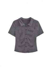 Women's Solid Color Single-Breasted Long Sleeve Ribbed Casual T-Shirt, Spring/Summer