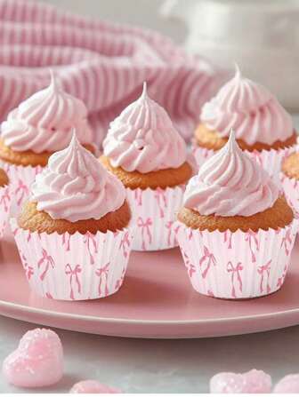 25 piezas/100 piezas/50 piezas/150 piezas/1 set Moldes para cupcakes con diseño de lazo, Tazas de papel para mini postres con diseño de lazo rosa, Moldes para cupcakes resistentes al calor, Soportes de taza de papel con diseño de lazo para fiestas, Tazas de papel decorativas para pasteles, Soporte para pasteles rosa, Soportes de papel para cupcakes pequeños de mano