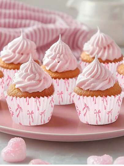 25pcs/100pcs/50pcs/150pcs/1set Bow Pattern Cupcake Liners, Mini Dessert Paper Cups With Pink Bow Design, Heat-Resistant Cupcake Liners, Party Bow Pattern Paper Cup Holders, Cake Decorative Paper Cups, Pink Cake Stand, Handheld Small Cupcake Paper Cup Holders