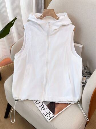 Chaqueta con capucha con cremallera de unicolor, estilo minimalista, versátil y ligera, con cordón, chaleco sin mangas casual para mujer, nueva colección de otoño
