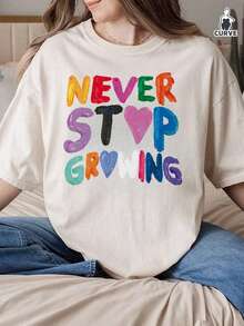 Plus Size Women Casual Holiday Round Neck Short Sleeve T-Shirt With Colorful Graphic Slogan Print - White - View 6