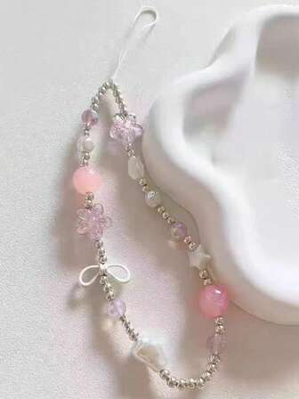 1 件银色串珠粉花手机挂绳，女士时尚钥匙扣吊坠包包配件专为相机装饰设计